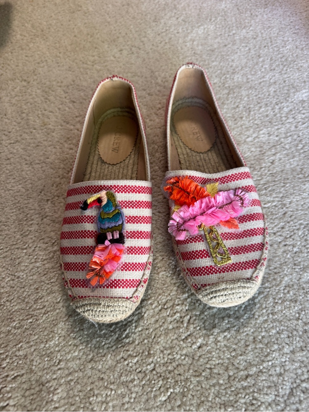 J Crew Striped Espadrille Slip-Ons with Tropical Embellishments